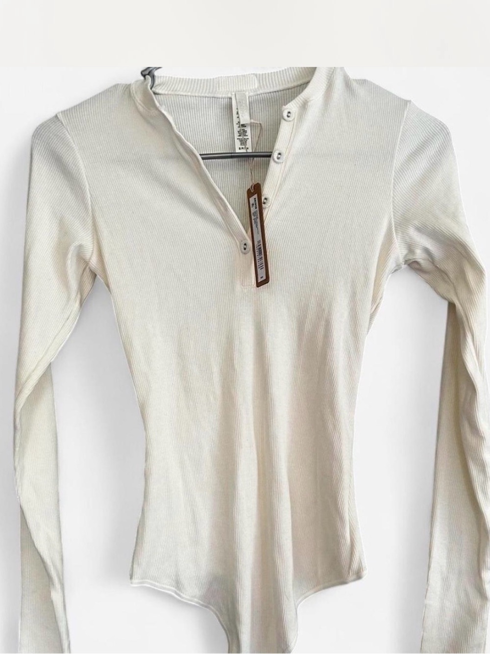 Ribbed Long-Sleeve Henley Bodysuit - Cream